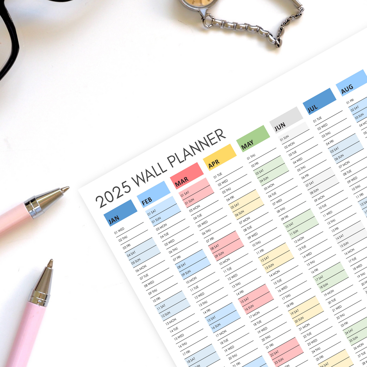 2025 Printable Wall Calendar in Multicoloured for instant download