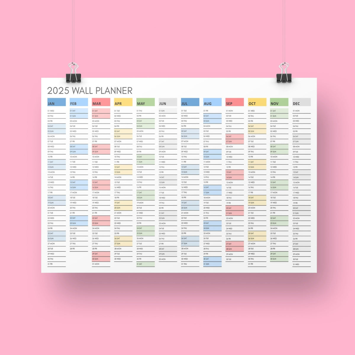 2025 Printable Wall Calendar in Multicoloured for instant download