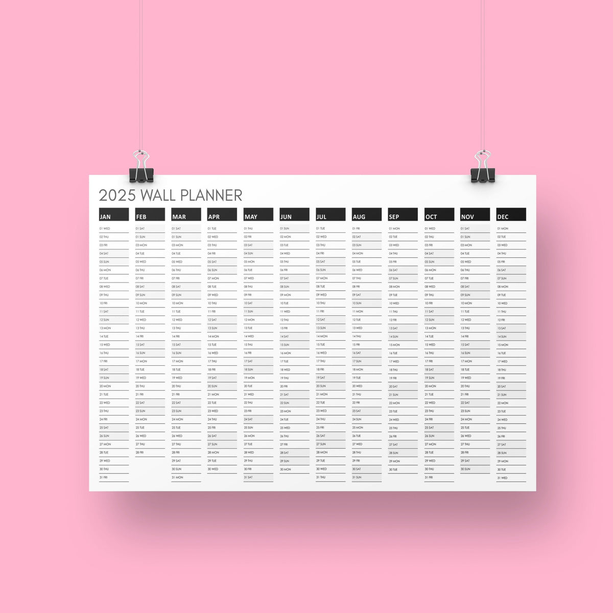 2025 Printable Wall Calendar in Black Regent Print