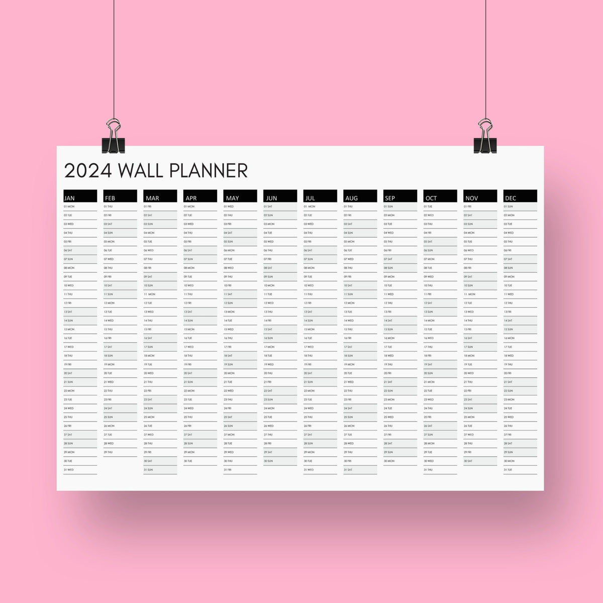 2024 Printable Wall Planner in Black Regent Print